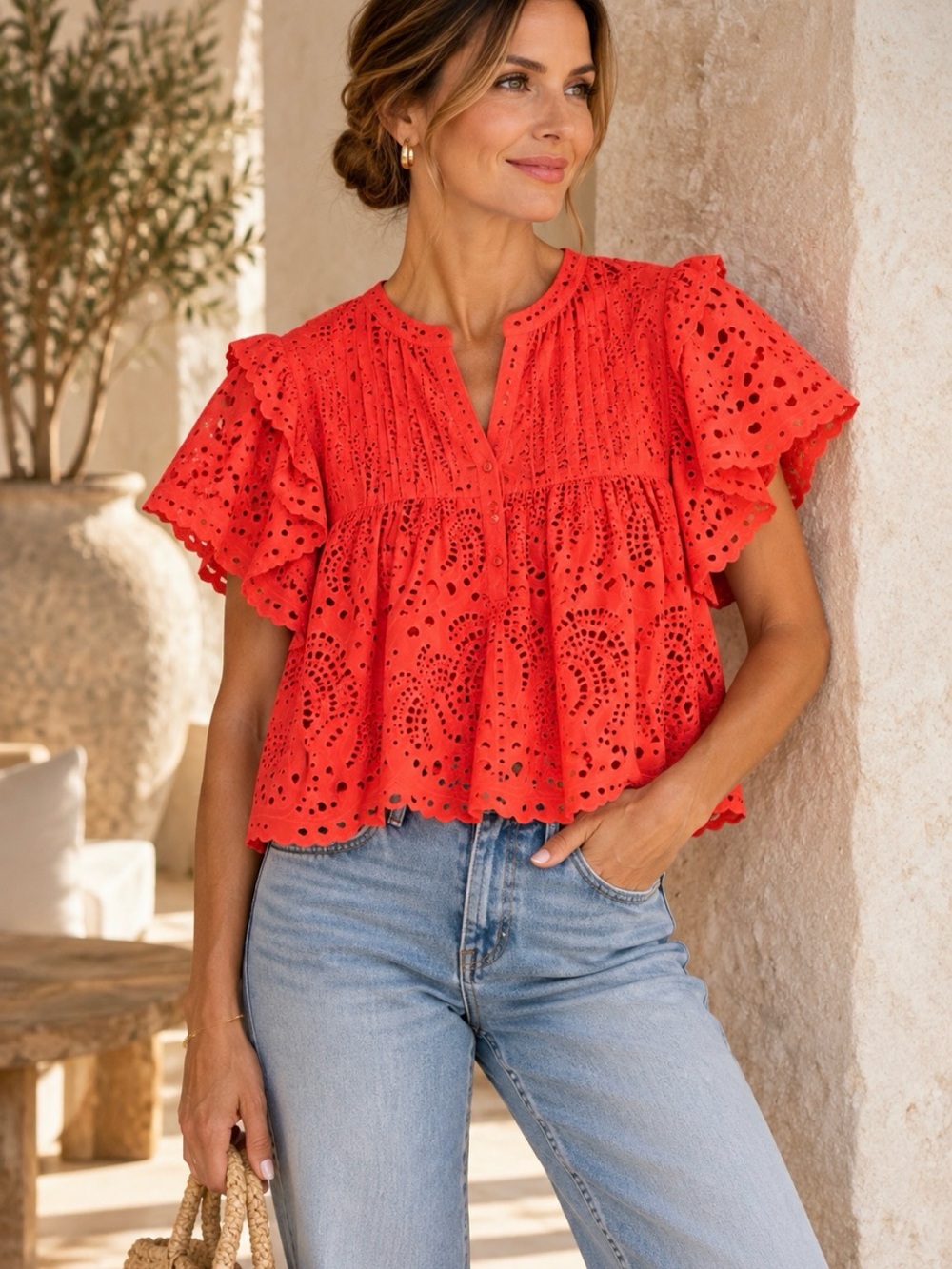 FARM Rio Red Eyelet Ruffle Blouse Small Flutter Sleeve Top